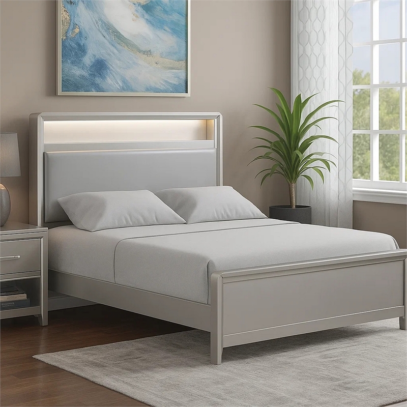 Pemberly Row Queen Bed with LED Bookcase Headboard in Champagne Silver