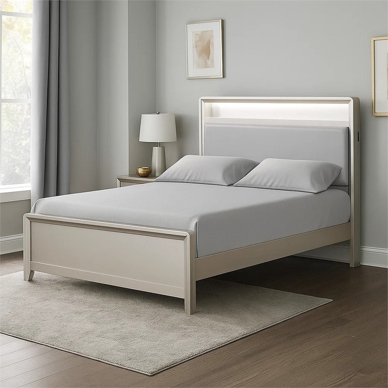 Pemberly Row Queen Bed with LED Bookcase Headboard in Champagne Silver