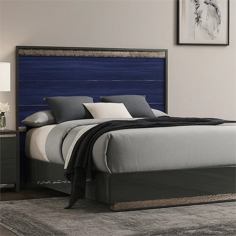 Pemberly Row Queen Bed with Slat Panel Headboard in Ash Gray and Indigo Blue