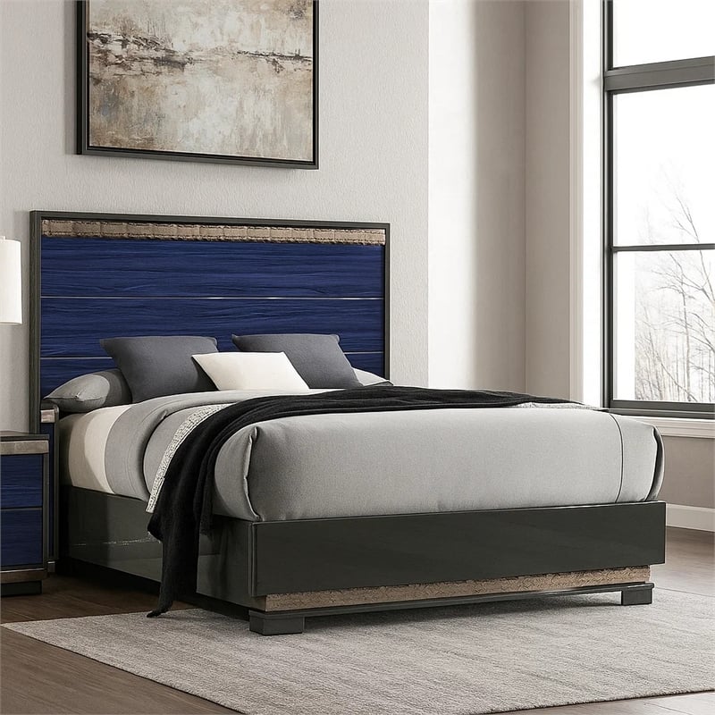Pemberly Row Queen Bed with Slat Panel Headboard in Ash Gray and Indigo Blue