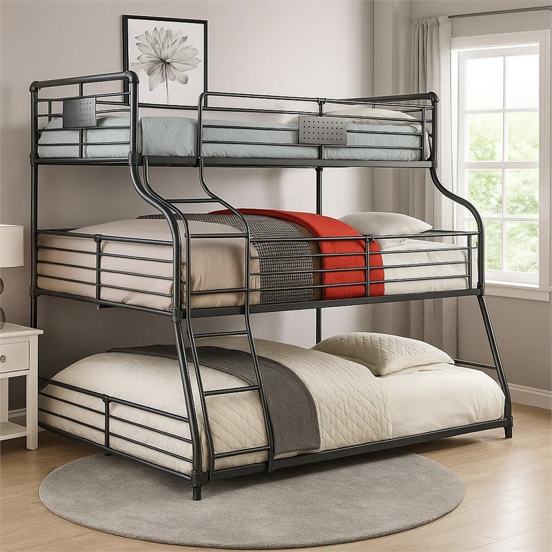 Pemberly Row Triple Bunk Bed Twin over Full over Queen in Black Metal