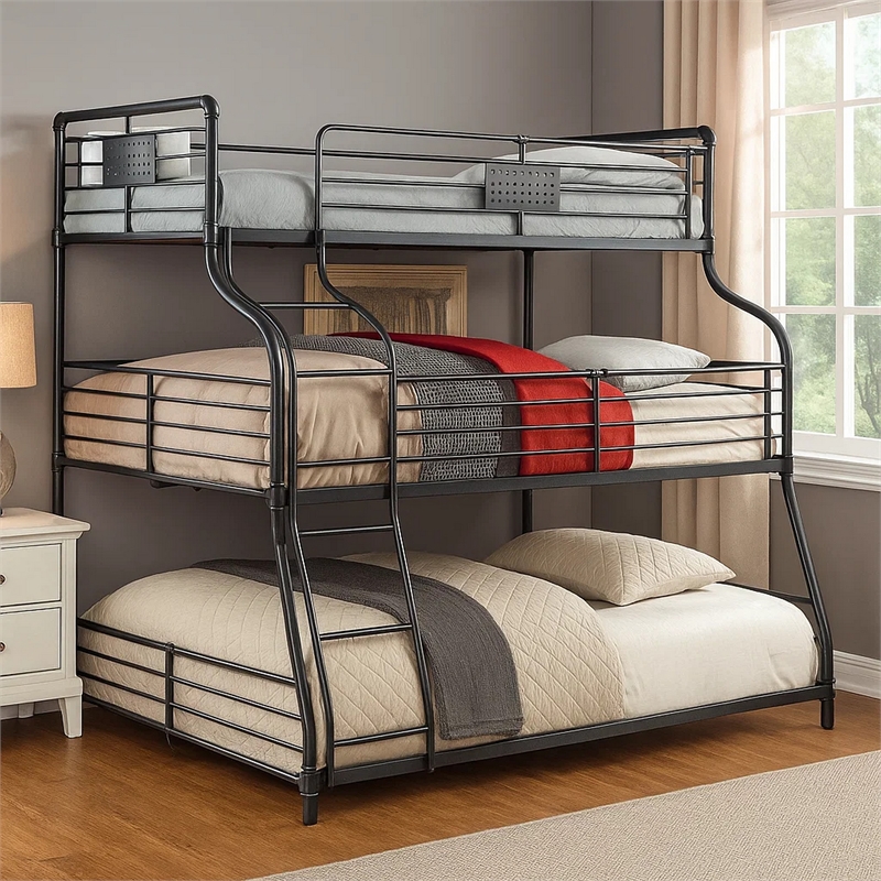 Pemberly Row Triple Bunk Bed Twin over Full over Queen in Black Metal