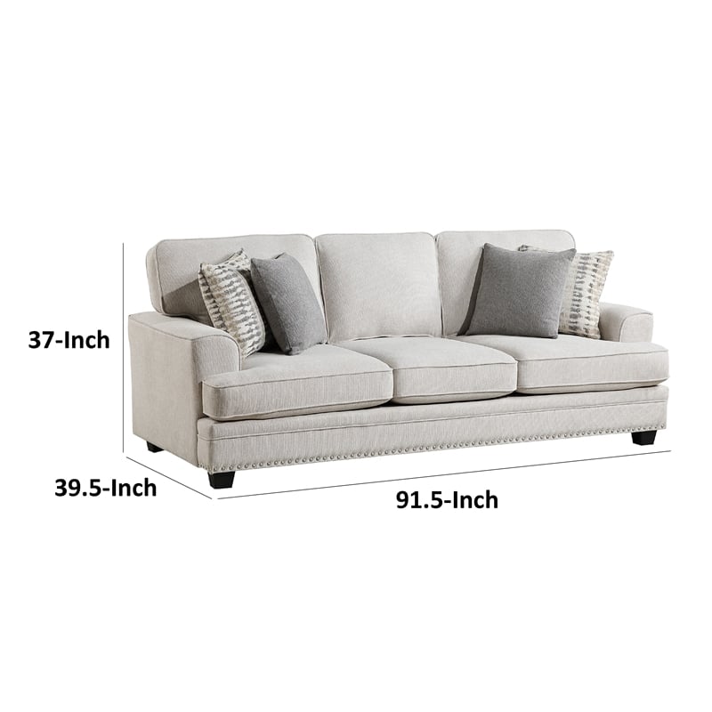 Pemberly Row 92 Inch Sofa with Nailhead Trim and 4 Pillows in Sand Brown