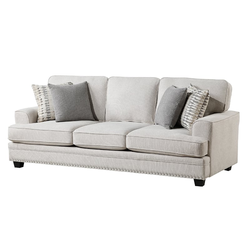 Pemberly Row 92 Inch Sofa with Nailhead Trim and 4 Pillows in Sand Brown