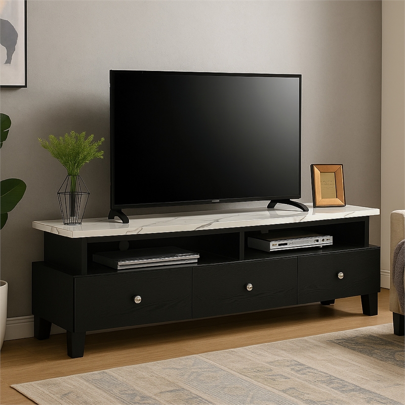 Pemberly Row 71 Inch TV Stand Media Cabinet with Drawers in White and Black