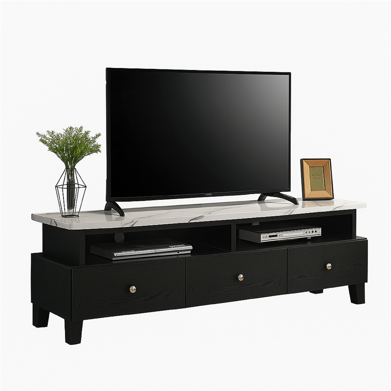 Pemberly Row 71 Inch TV Stand Media Cabinet with Drawers in White and Black