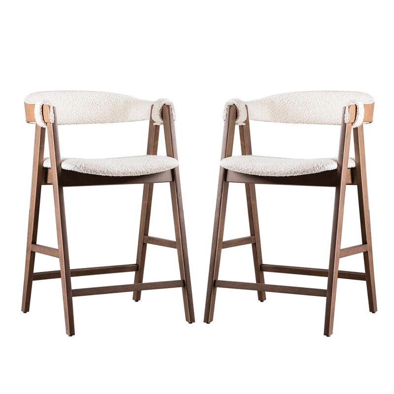 Pemberly Row Set of 2 Counter Stools in Walnut Brown with Beige Boucle