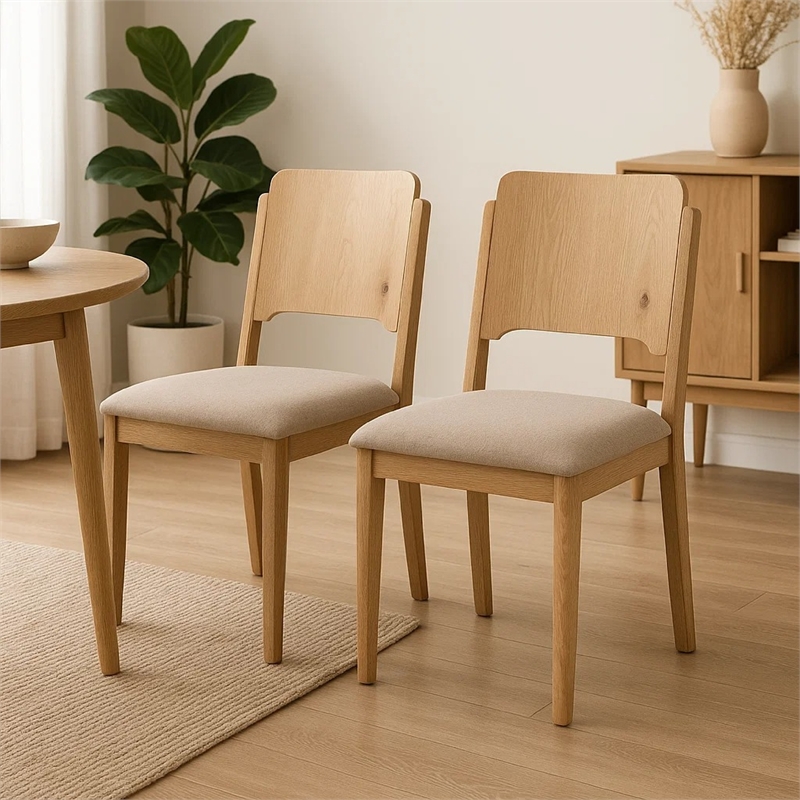 Pemberly Row Set of 2 Dining Chairs with Curved Back in Khaki and Brown