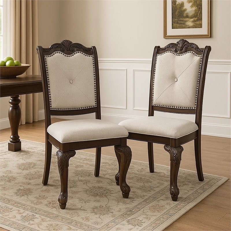 Pemberly Row Set of 2 Traditional Dining Chairs in Beige Linen and Coffee Brown