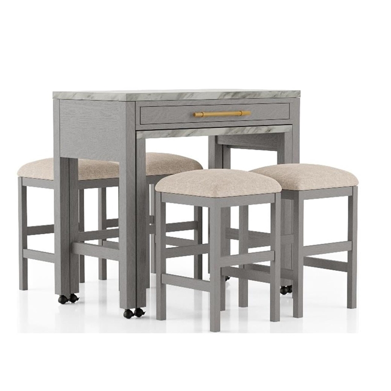 Pemberly Row 5 Piece Counter Height Set with Faux Marble Top in White and Gray