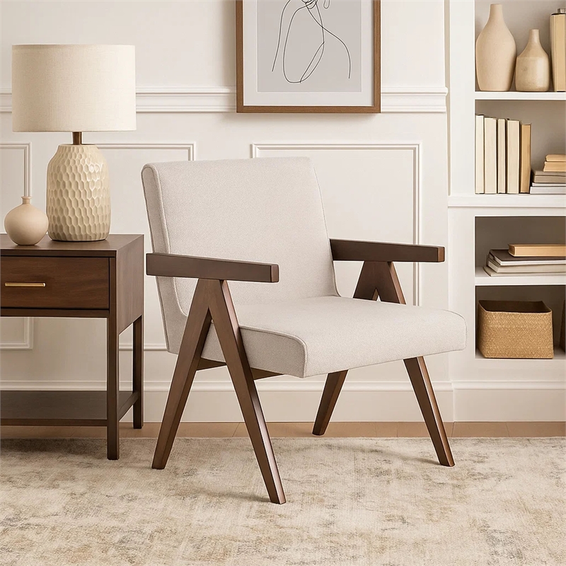 Pemberly Row Set of 2 Accent Chairs in Beige Polyester with Walnut Brown Legs