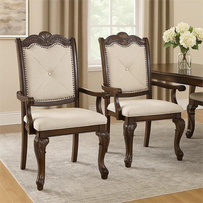 Pemberly Row Set of 2 Traditional Dining Armchairs in Beige Linen & Coffee Brown