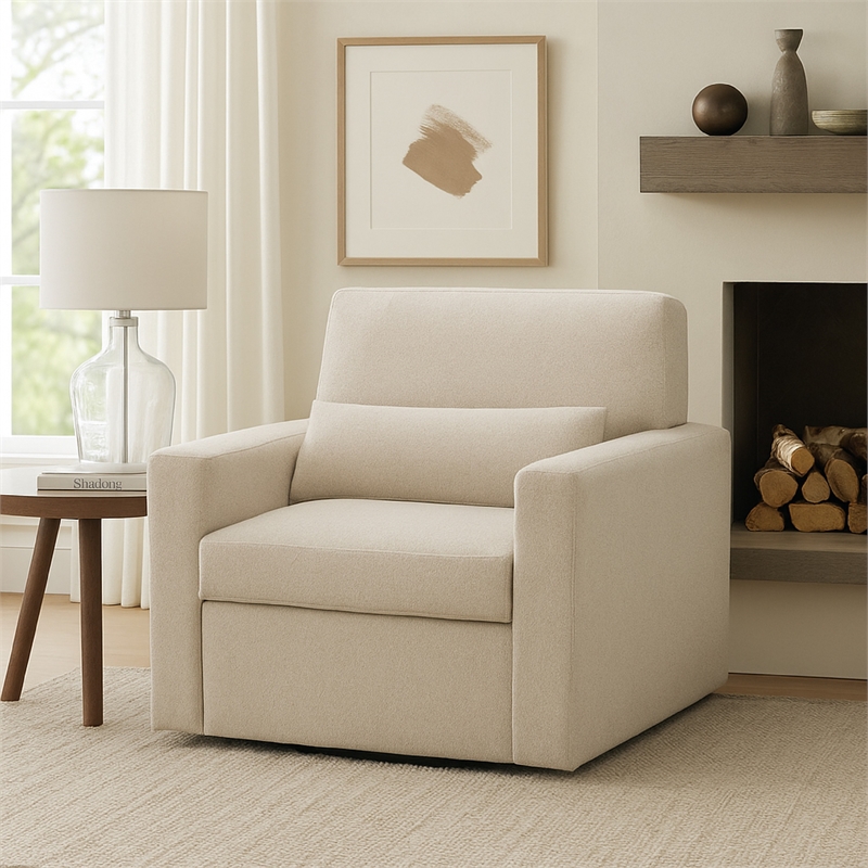 Pemberly Row Swivel Armchair with Lumbar Pillow in Cream Beige Boucle