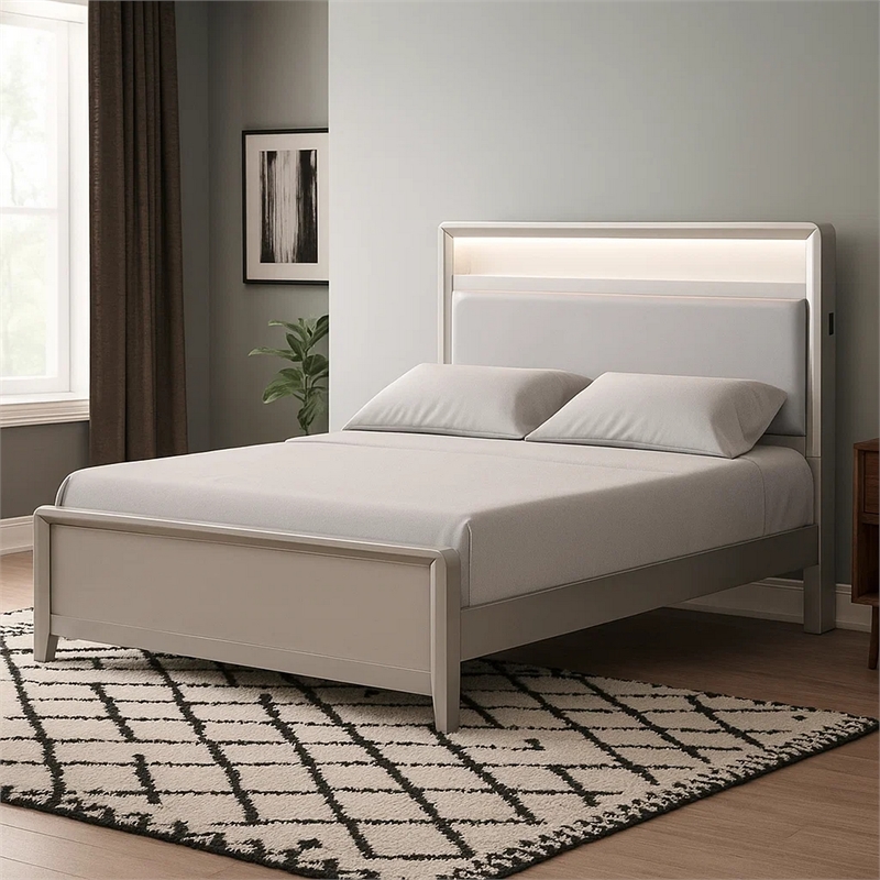 Pemberly Row Full Size Bed with LED Bookcase Headboard in Champagne Silver