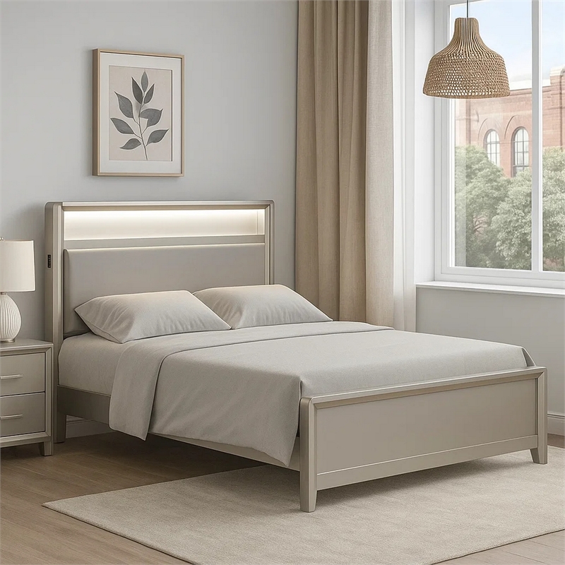 Pemberly Row Full Size Bed with LED Bookcase Headboard in Champagne Silver