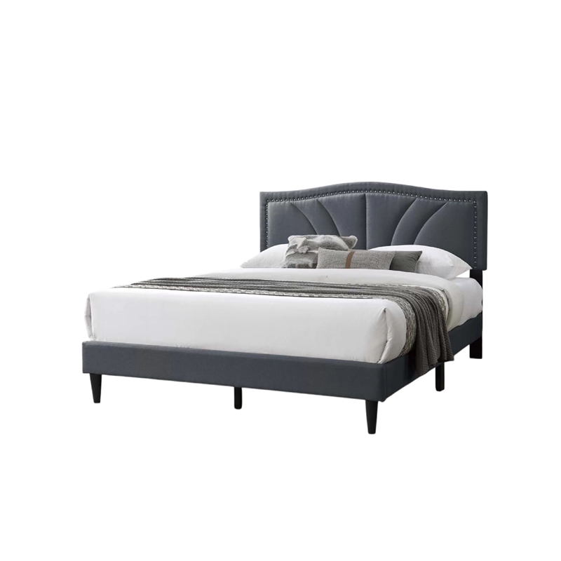 Pemberly Row Full Platform Bed with Padded Headboard in Charcoal Gray