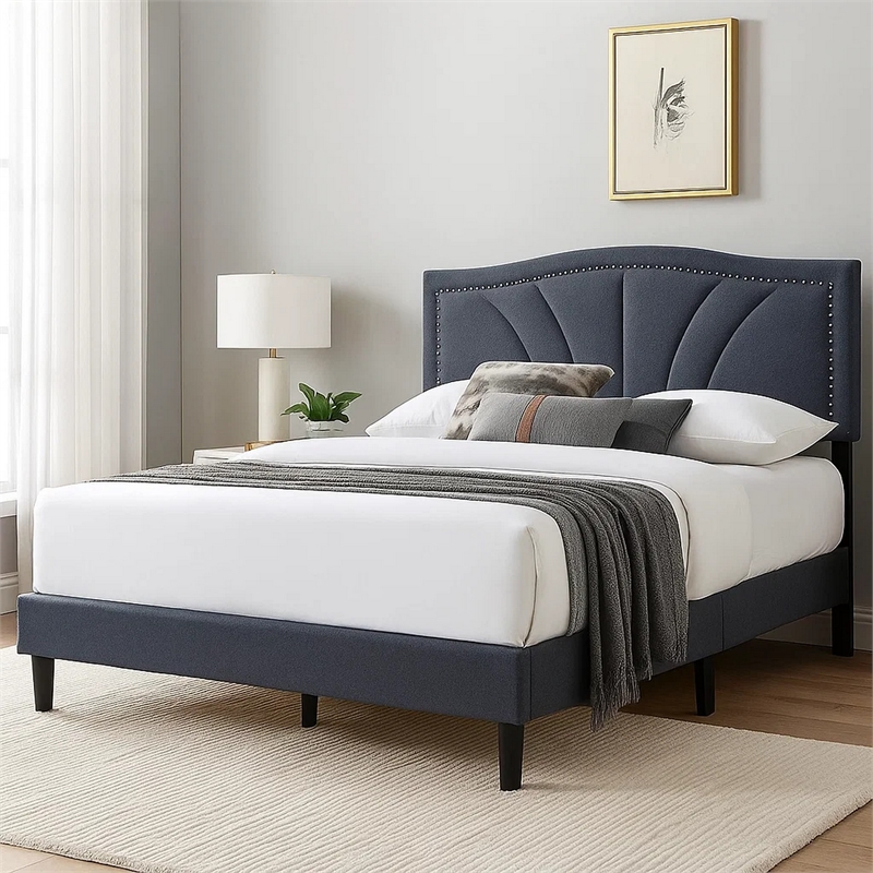 Pemberly Row Full Platform Bed with Padded Headboard in Charcoal Gray