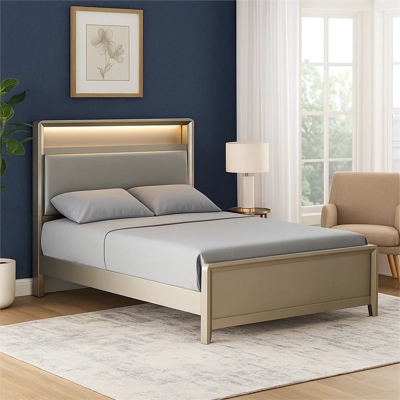 Pemberly Row Twin Size Bed with LED Bookcase Headboard in Champagne Silver