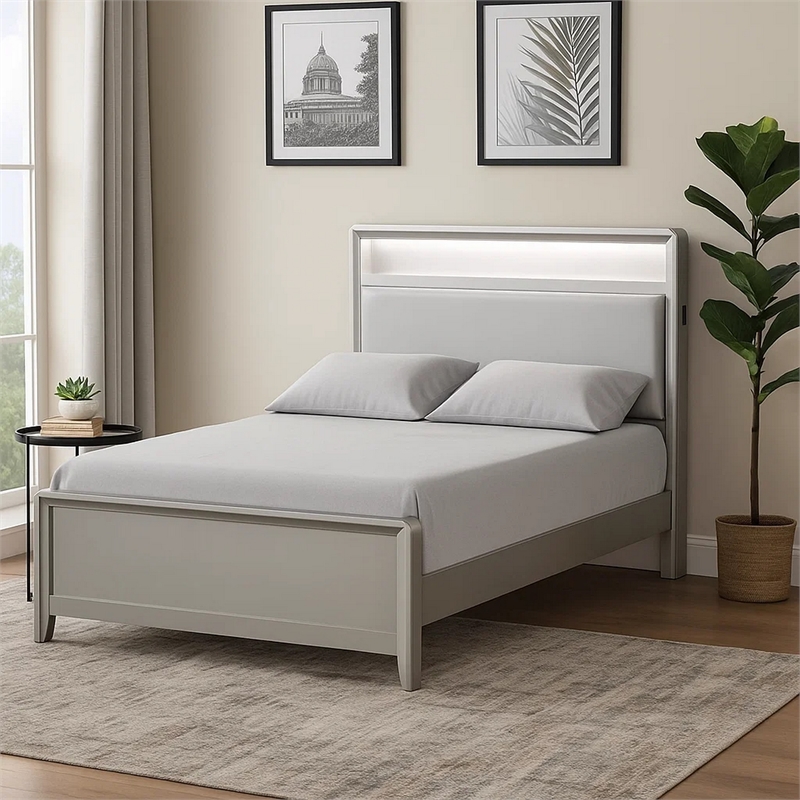 Pemberly Row Twin Size Bed with LED Bookcase Headboard in Champagne Silver