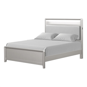 Pemberly Row Twin Size Bed with LED Bookcase Headboard in Champagne Silver
