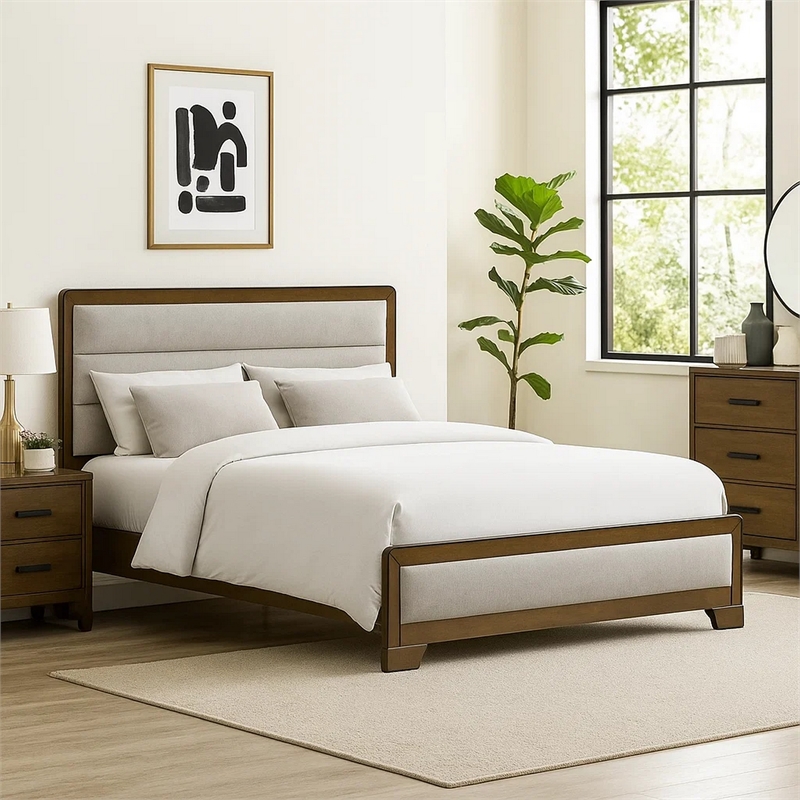 Pemberly Row Queen Bed with Channel Tufted Headboard in Light Gray