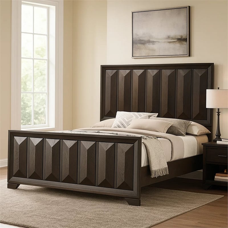 Pemberly Row Queen Bed with Vertical Faceted Headboard in Espresso Brown