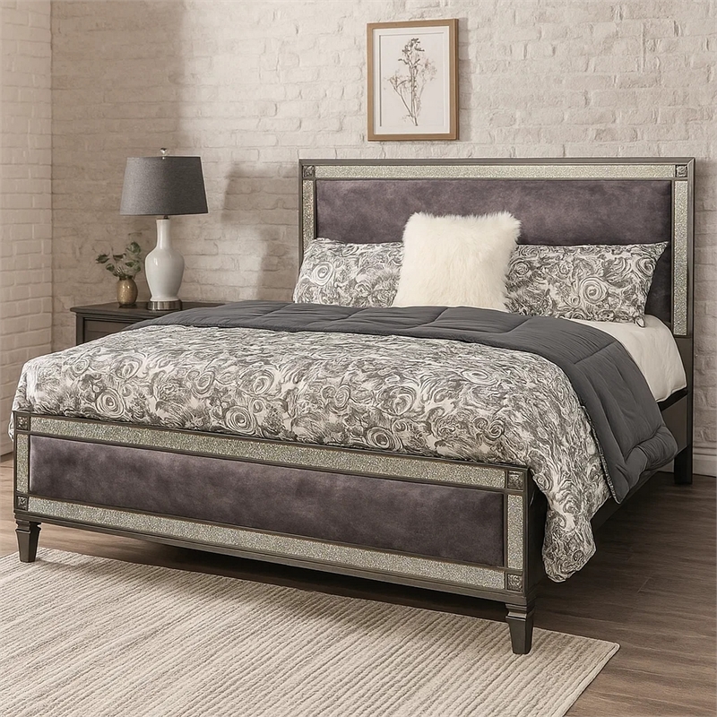 Pemberly Row Queen Bed with Crystal Acrylic Trim in Gray Fabric