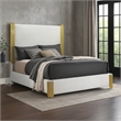 Pemberly Row Queen Bed in White Fabric with Gold Metal Accent Posts