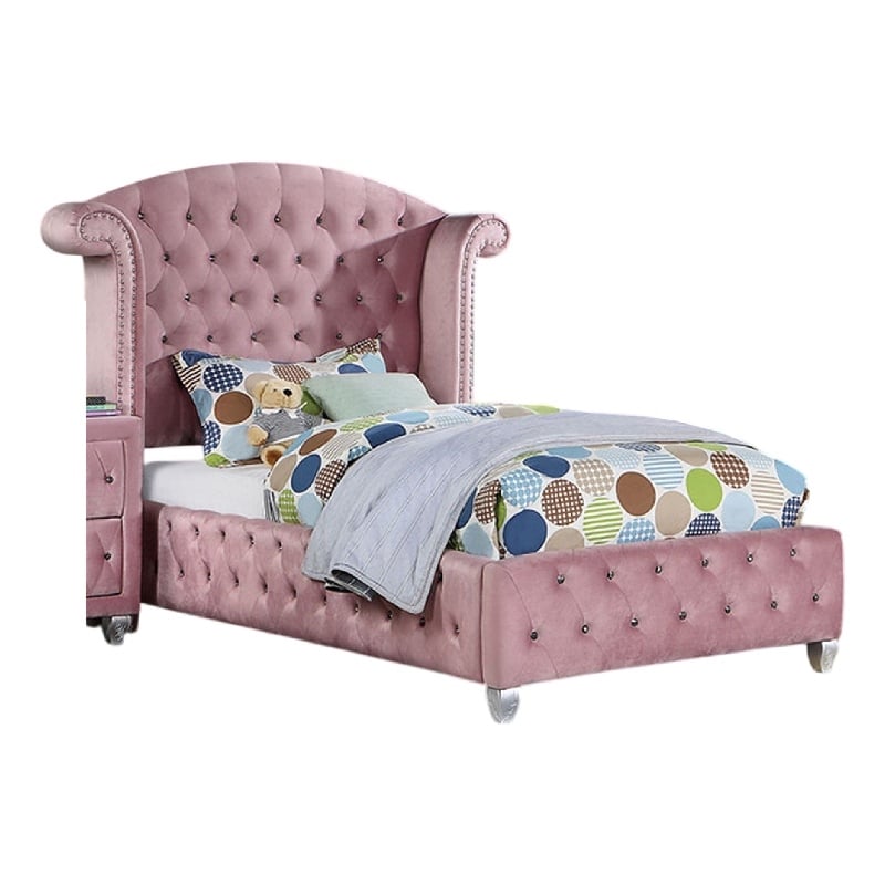 Pemberly Row Twin Size Bed with Wingback Tufted Headboard in Pink Velvet
