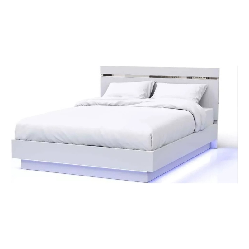 Pemberly Row Queen Size Bed with Chrome Headboard and LED Footboard in White