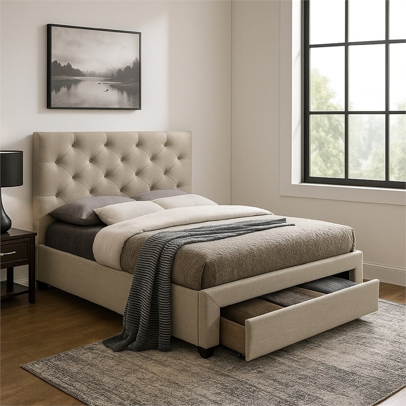 Pemberly Row Twin Size Bed with Tufted Headboard and Storage in Beige