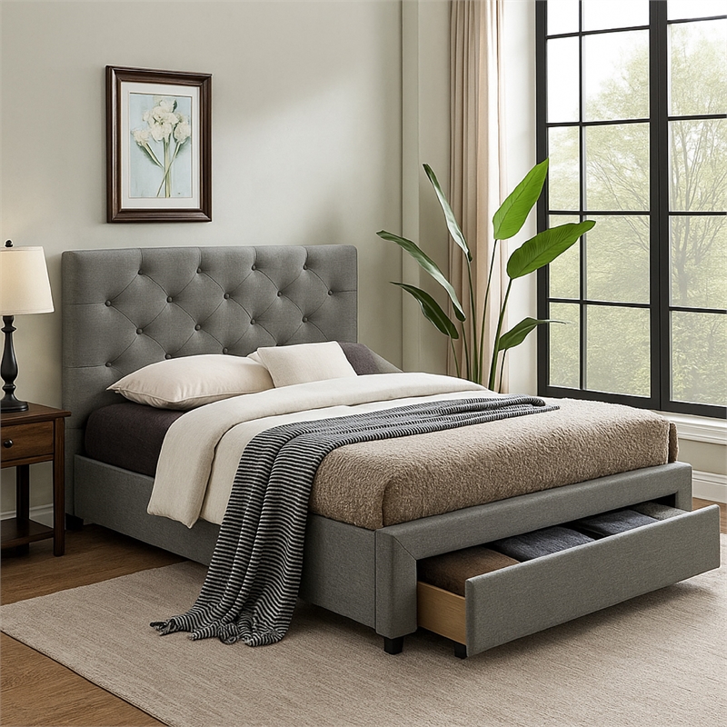 Pemberly Row Twin Size Bed with Tufted Headboard and Storage in Gray