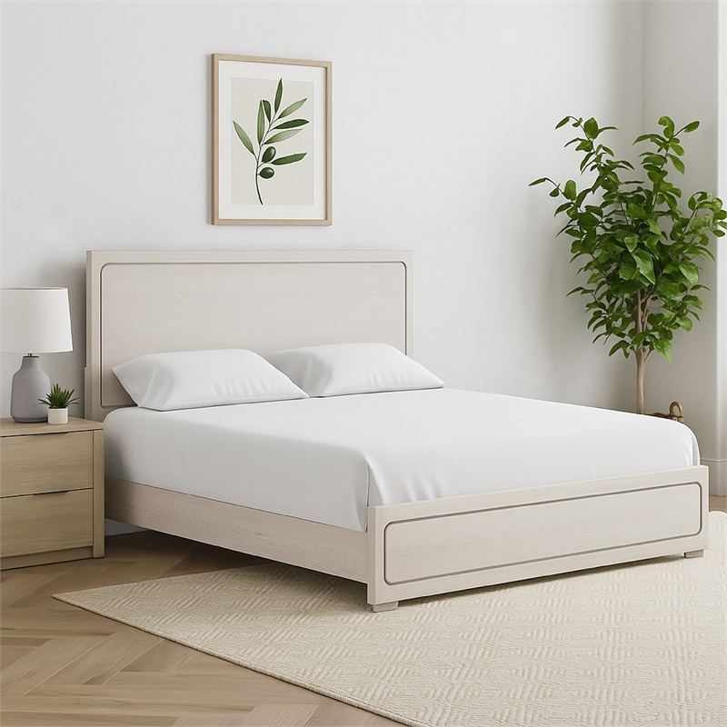 Pemberly Row Contemporary Queen Bed with Panel Design in White Oak Wood