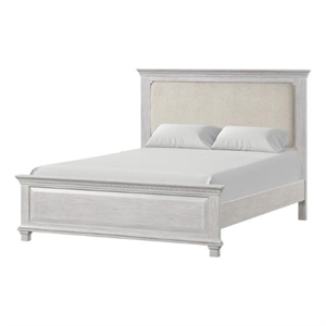 Pemberly Row Queen Bed with Cream Upholstered Headboard in Weathered Gray