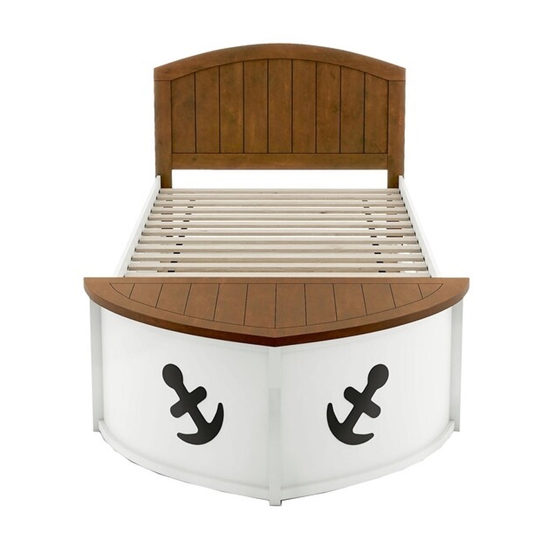 Pemberly Row Captain Twin Bed with Storage and Boat Design in White and Oak