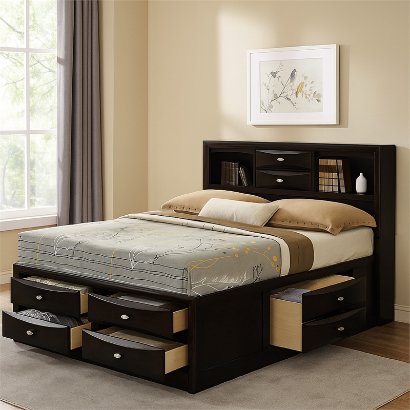 Pemberly Row Full Bed with Bookcase Headboard and Storage Drawers in Black