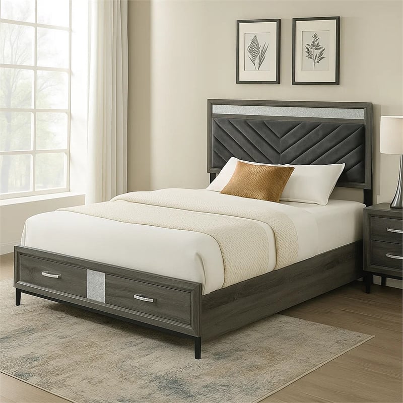 Pemberly Row Full Size Bed with Padded Headboard and Drawers in Gray