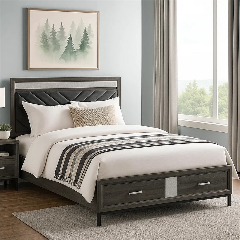 Pemberly Row Full Size Bed with Padded Headboard and Drawers in Gray
