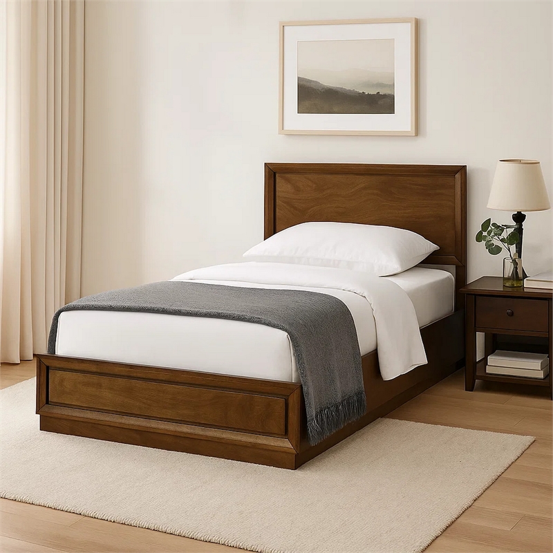 Pemberly Row Twin Size Bed with Panel Headboard in Walnut Brown