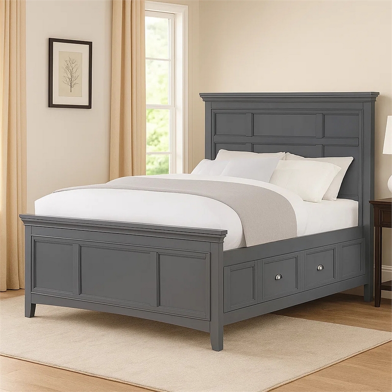 Pemberly Row Twin Bed with Crown Molding and Storage Drawers in Gray