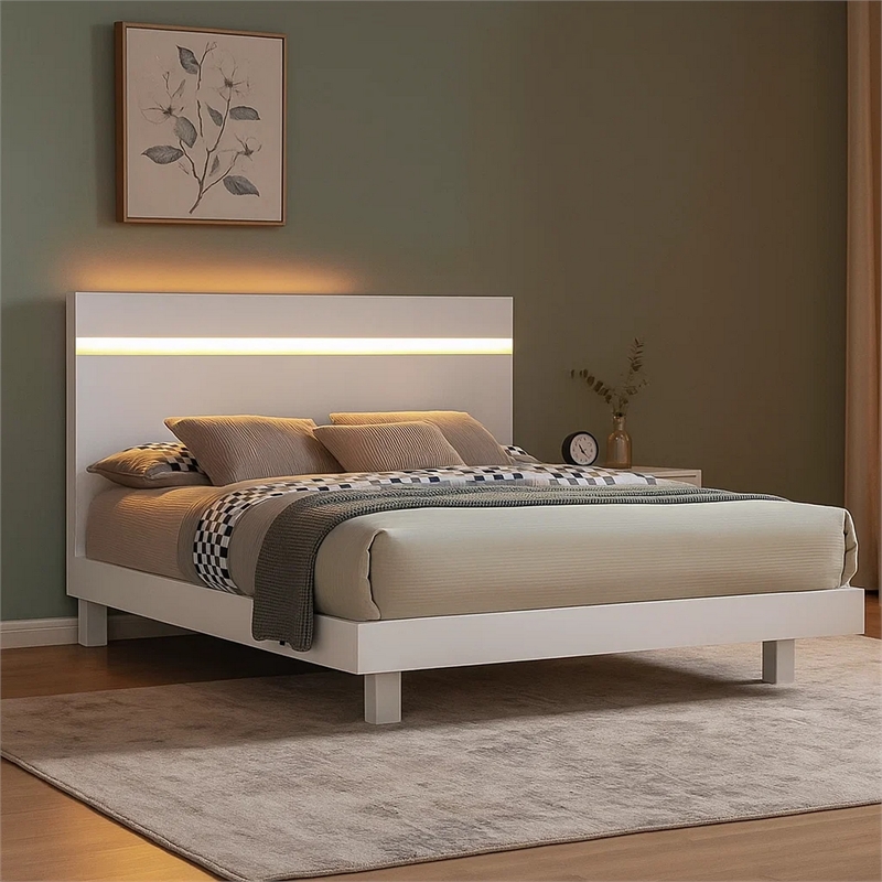 Pemberly Row Queen Size Bed with Underbed LED and Gold Trim in White
