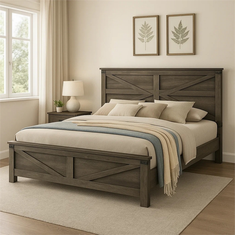 Pemberly Row Queen Size Bed with Chevron Panel Headboard in Rustic Gray