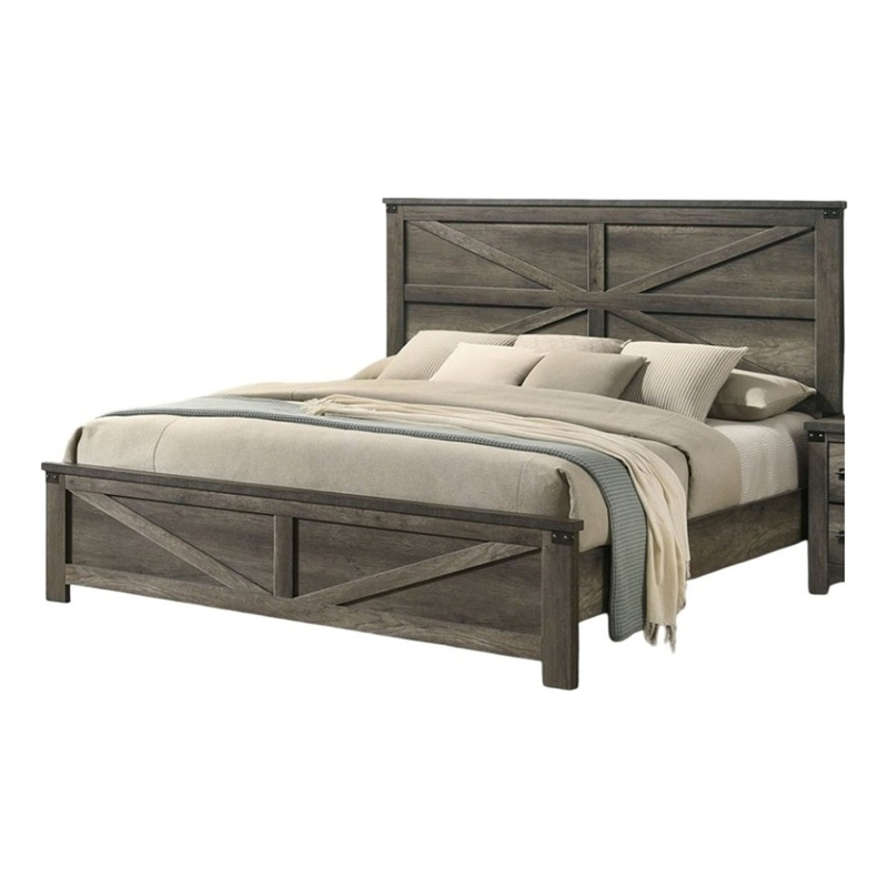 Pemberly Row Queen Size Bed with Chevron Panel Headboard in Rustic Gray