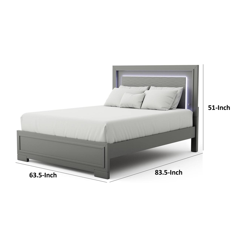 Pemberly Row Queen Size Bed with LED Panel Headboard in Metallic Gray