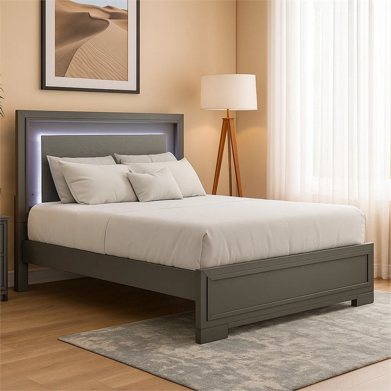 Pemberly Row Queen Size Bed with LED Panel Headboard in Metallic Gray