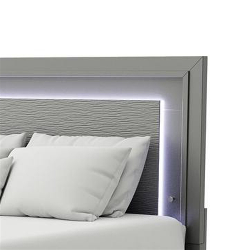 Pemberly Row Queen Size Bed with LED Panel Headboard in Metallic Gray