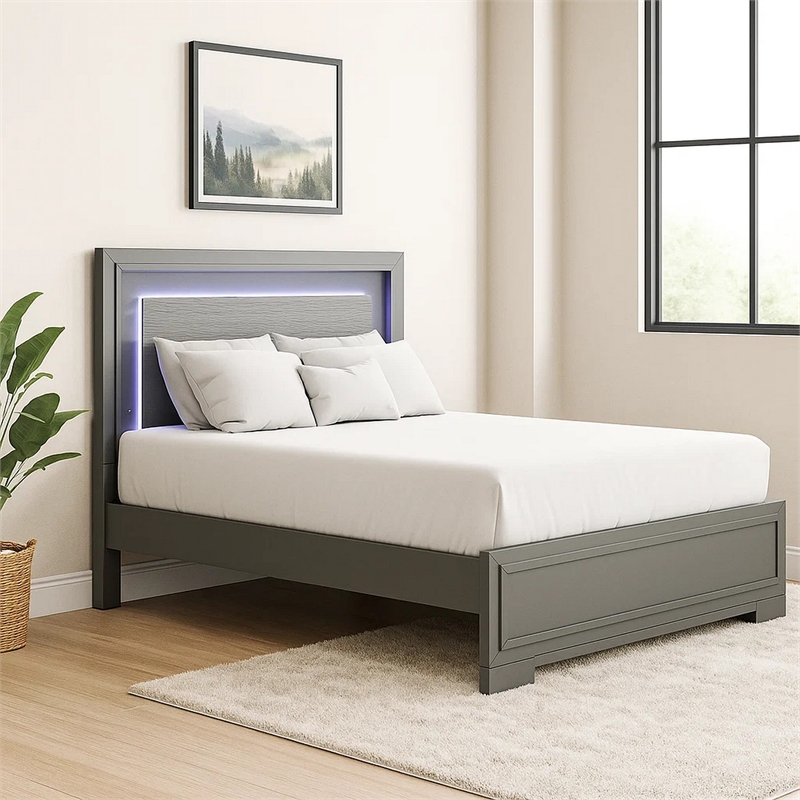 Pemberly Row Queen Size Bed with LED Panel Headboard in Metallic Gray