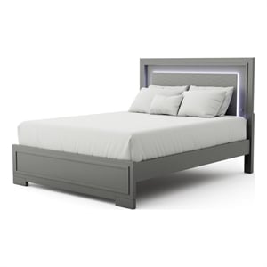 Pemberly Row Queen Size Bed with LED Panel Headboard in Metallic Gray