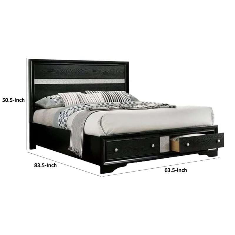 Pemberly Row Contemporary Queen Size Bed with Footboard Drawers in Black