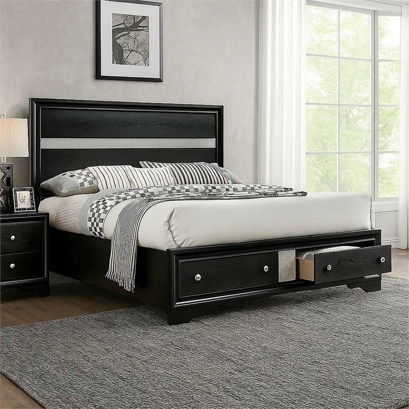 Pemberly Row Contemporary Queen Size Bed with Footboard Drawers in Black